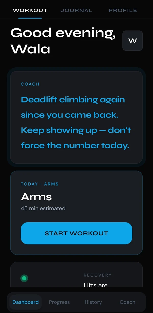 Intr dashboard showing a coach message about the deadlift climbing, today's Arms session, and a recovery card