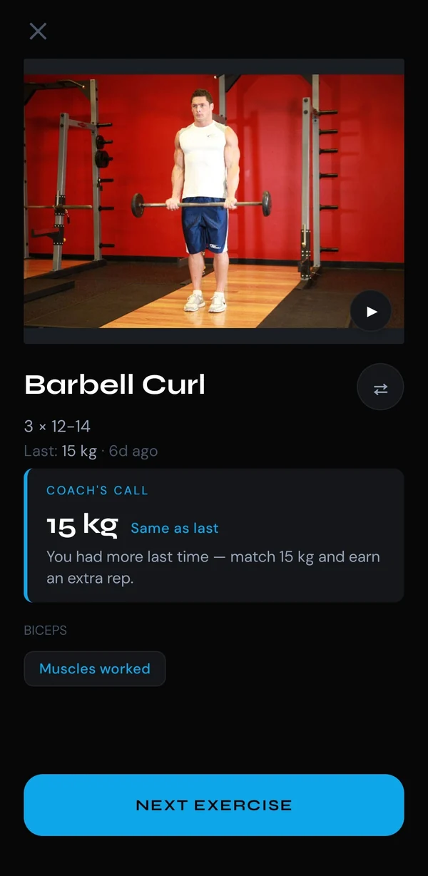 Barbell Curl exercise screen with a Coach's Call card prescribing 15 kg and explaining the reasoning