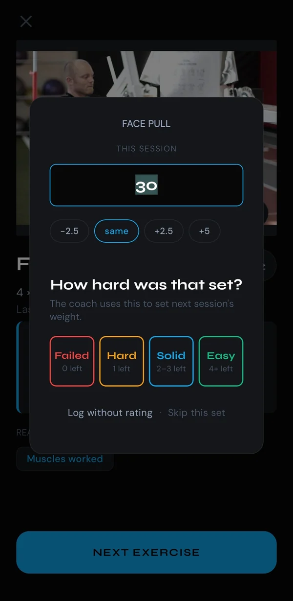 Set logging sheet asking how hard the set was, with Failed, Hard, Solid and Easy options